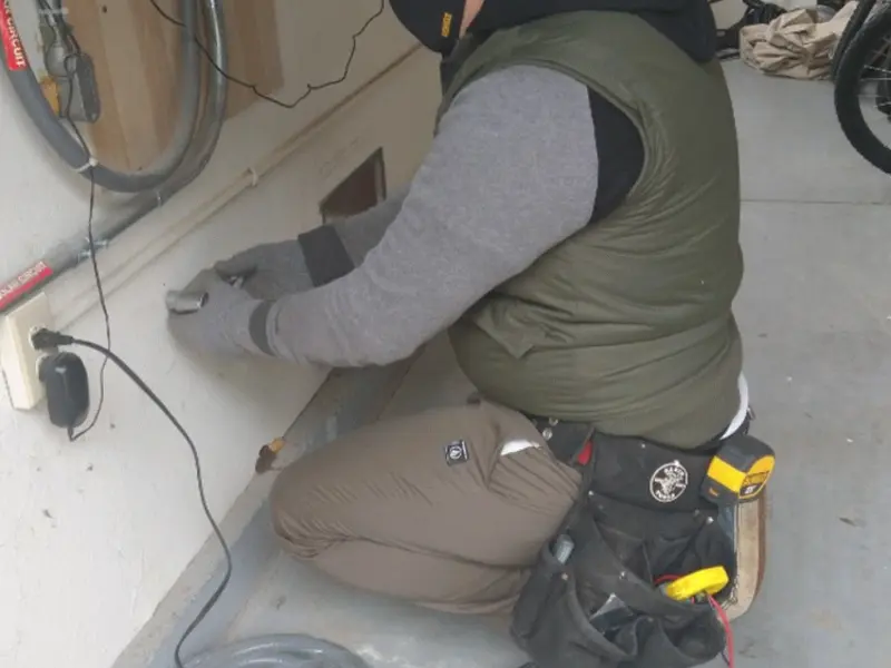 Electrician performing outlet wiring in a Angola garage